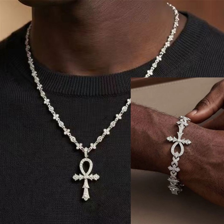 925 Silver Ankh Cross Chain & Bracelet Set factory