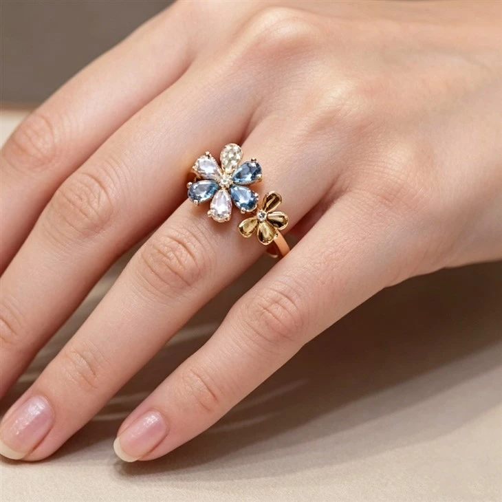 925 Silver Blue White CZ Ewelry Set Dainty Floral Adjustable Open Finger Ring factory