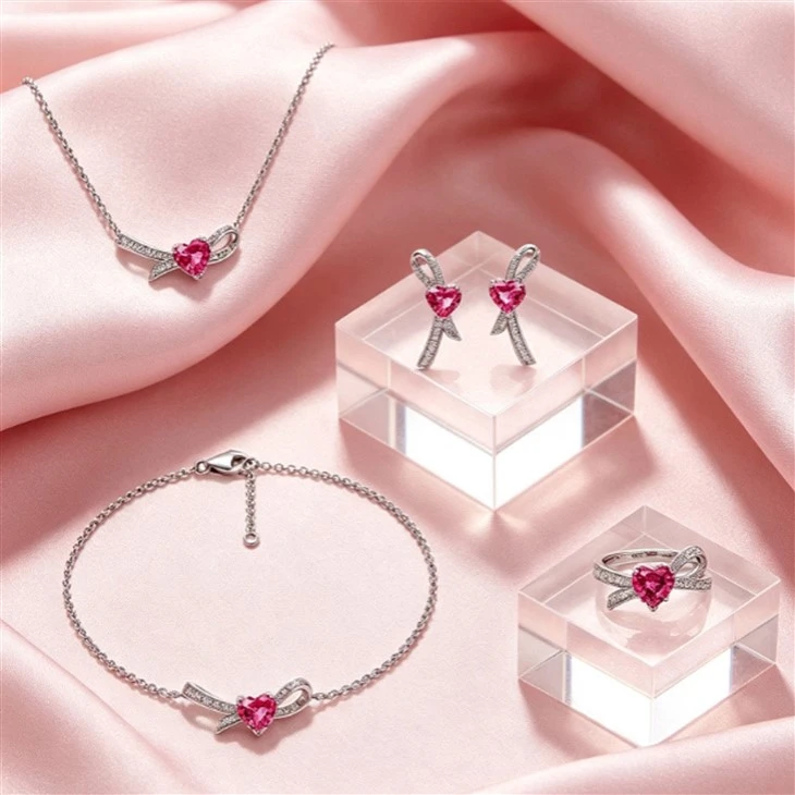 925 Silver Bowknot Heart Pink CZ Jewelry Set Romantic Women Jewelry For Gift suppliers