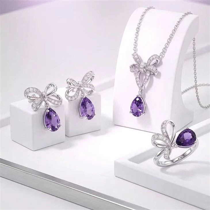 925 Silver Bowknot Purple Teardrop Stone Jewelry Set Bow Set For Women Wedding Party suppliers