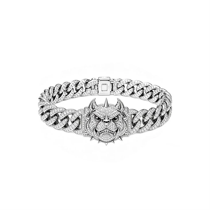925 Silver Bulldog Cuban Bracelet & Ring Set Full Bling Diamond Spiked Pitbull Head Hip Hop Jewelry factory