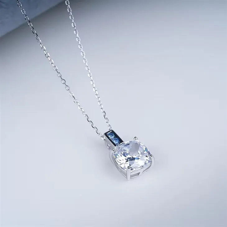 925 Silver Cushion Cut CZ Pendant Necklace Blue Accent Stone Silver Chain best