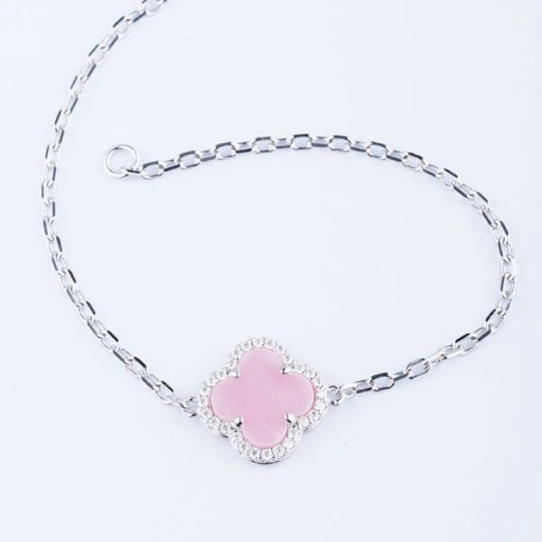 925 Silver Elegant Natural White MOP Four Leaf Clover Sparkling Cubic Zirconia Frame Silver Paperclip Bracelet high quality