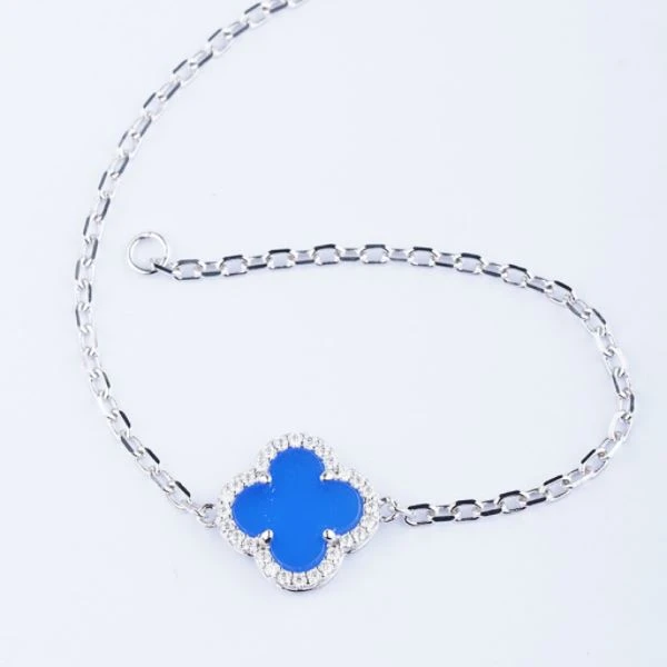 925 Silver Elegant Natural White MOP Four Leaf Clover Sparkling Cubic Zirconia Frame Silver Paperclip Bracelet price