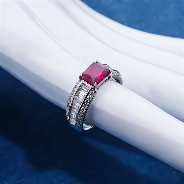 925 Silver Emerald Cut Created Ruby Ring With Baguette & Round Accents high quality