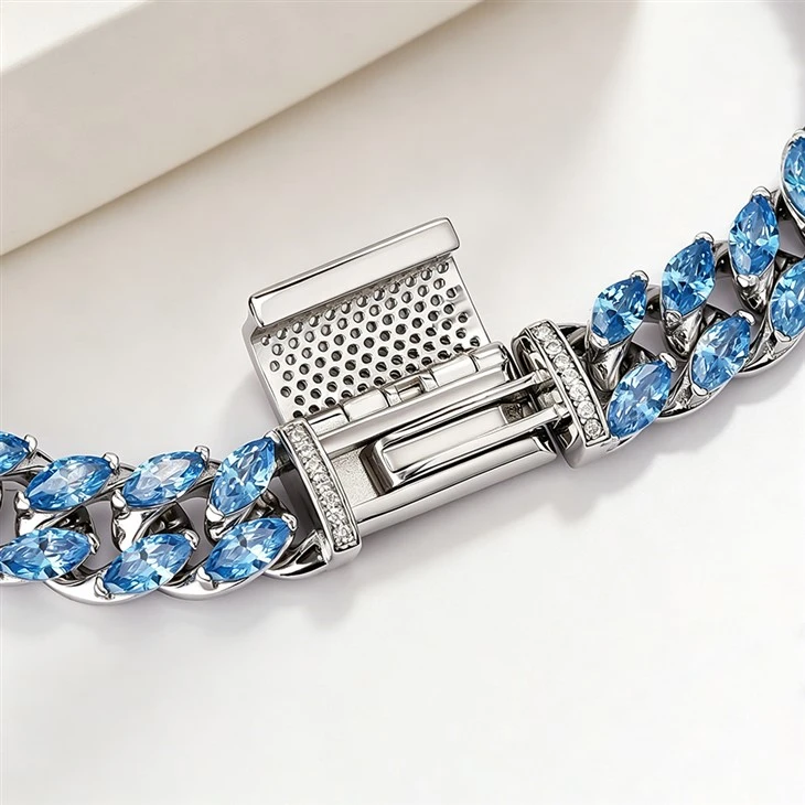 925 Silver Factory Wholesale Cuban Chain Marquise Blue CZ Miami Bracelet high quality