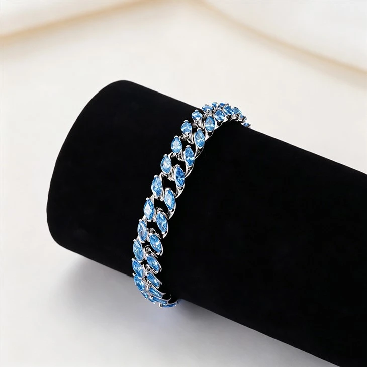 925 Silver Factory Wholesale Cuban Chain Marquise Blue CZ Miami Bracelet price