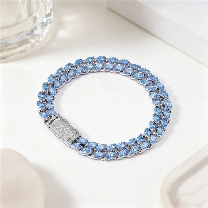 925 Silver Factory Wholesale Cuban Chain Marquise Blue CZ Miami Bracelet suppliers