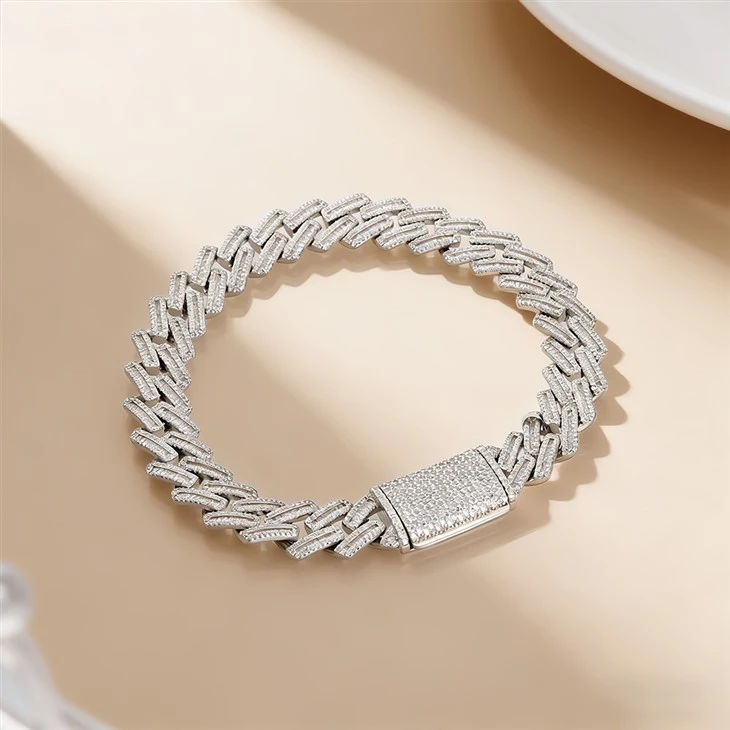 925 Silver Full Baguette Cut Iced Out Cuban Link Hip Hop Bracelet suppliers