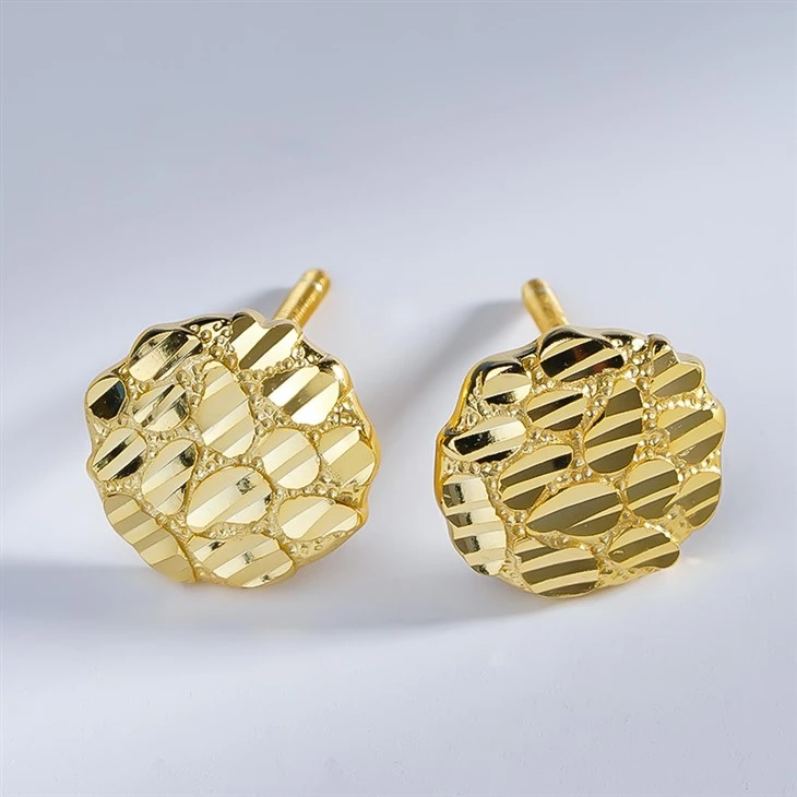 925 Silver Gold Plated Plain Hammered Texture Round Stud Earrings Vintage Textured Mirror Cut Metal Stud Earrings factory
