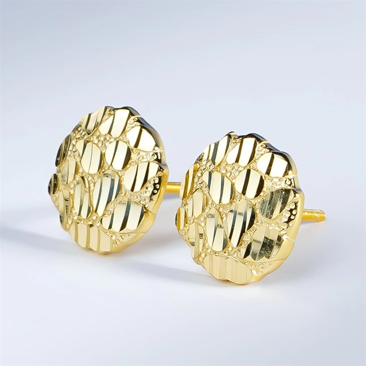 925 Silver Gold Plated Plain Hammered Texture Round Stud Earrings Vintage Textured Mirror Cut Metal Stud Earrings best