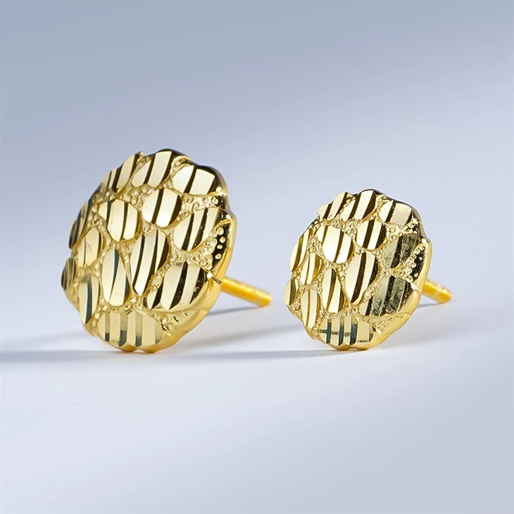 925 Silver Gold Plated Plain Hammered Texture Round Stud Earrings Vintage Textured Mirror Cut Metal Stud Earrings high quality