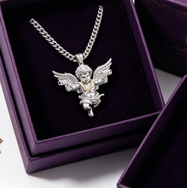 925 Silver Hip Hop Gun Angel Pendant Cuban Necklace factory