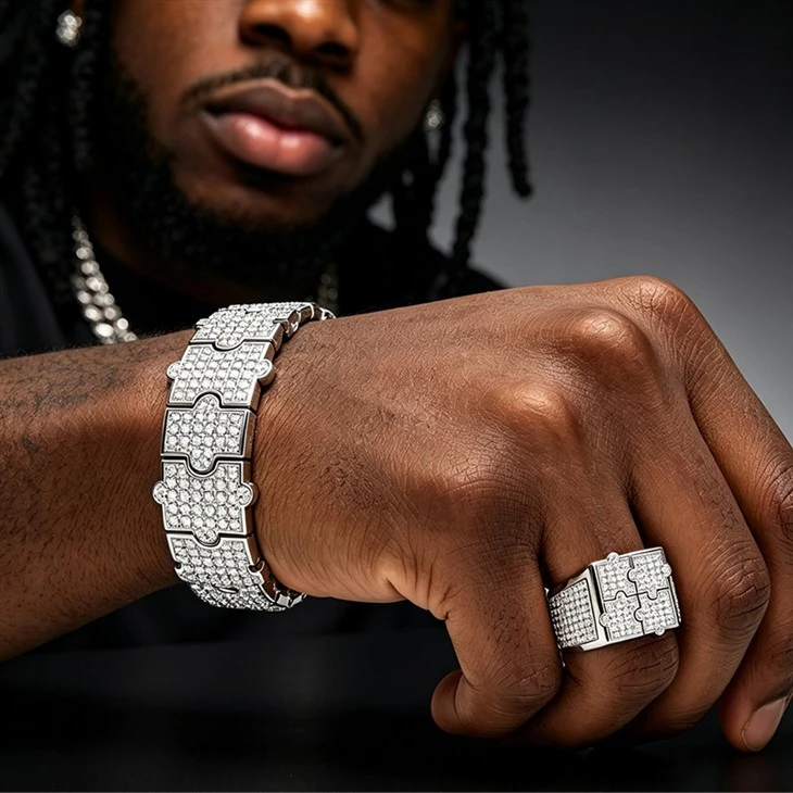 925 Silver Hip Hop Jewelry Set Bling Puzzle Link Bracelet And Ring For Men Streetwear suppliers