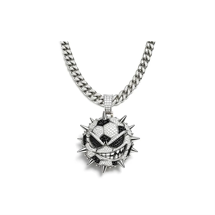 925 Silver Hip Hop Jewelry Set Spiked Evil Soccer Ball Pendant Gothic Necklace & Ring For Men factory