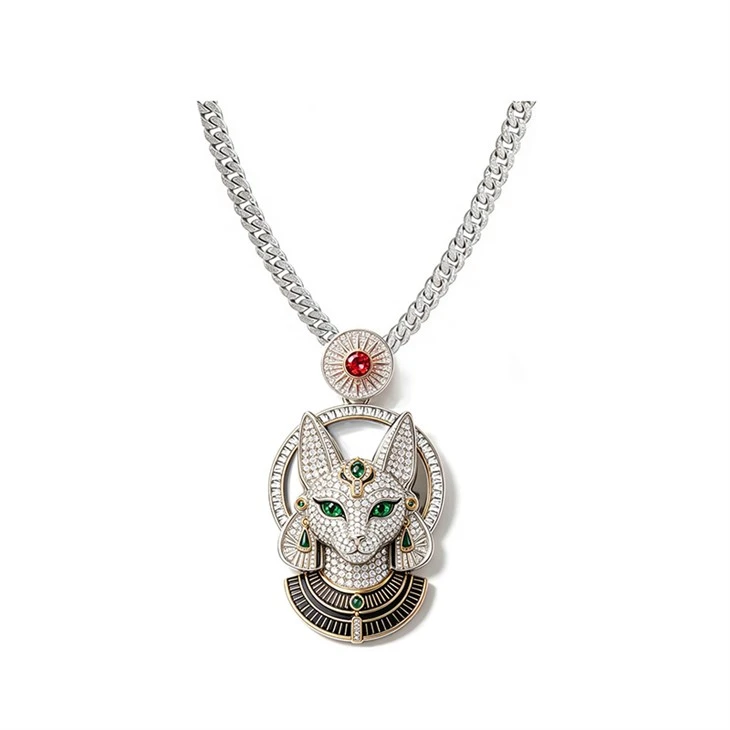 925 Silver Iced Ancient Culture Jewelry Set Religious Jesus Egyptian Goddess Cat & Horus Eagle Pendant Necklace factory