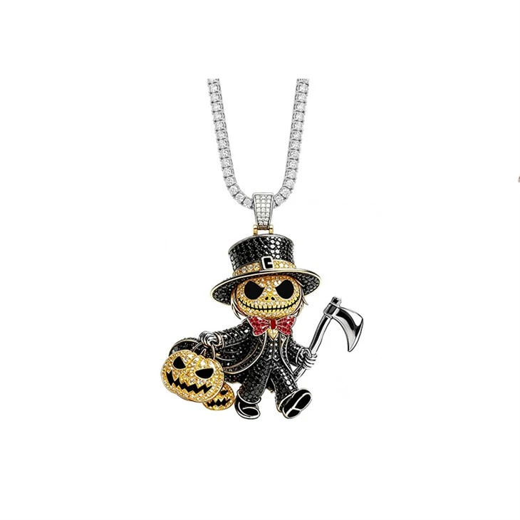 925 Silver Iced Out Halloween Hip Hop Jewelry Set Jack Skellington Pendant Necklace For Men suppliers