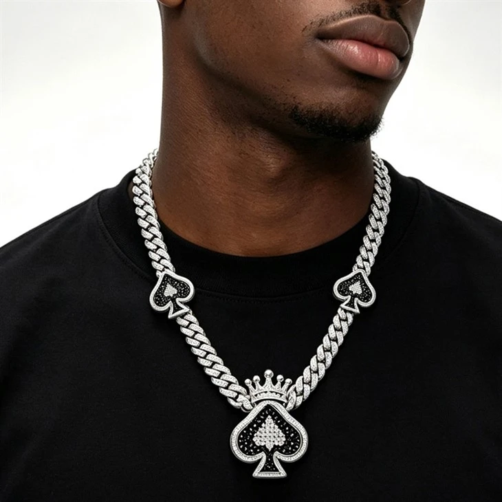 925 Silver Iced Out Hip Hop Jewelry Set Bling Playing Card Spade Necklace & Ring For Men factory