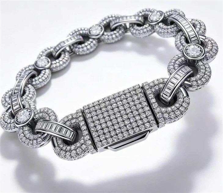 925 Silver Iced Out Round & Baguette CZ Interlocking Link Bracelet best