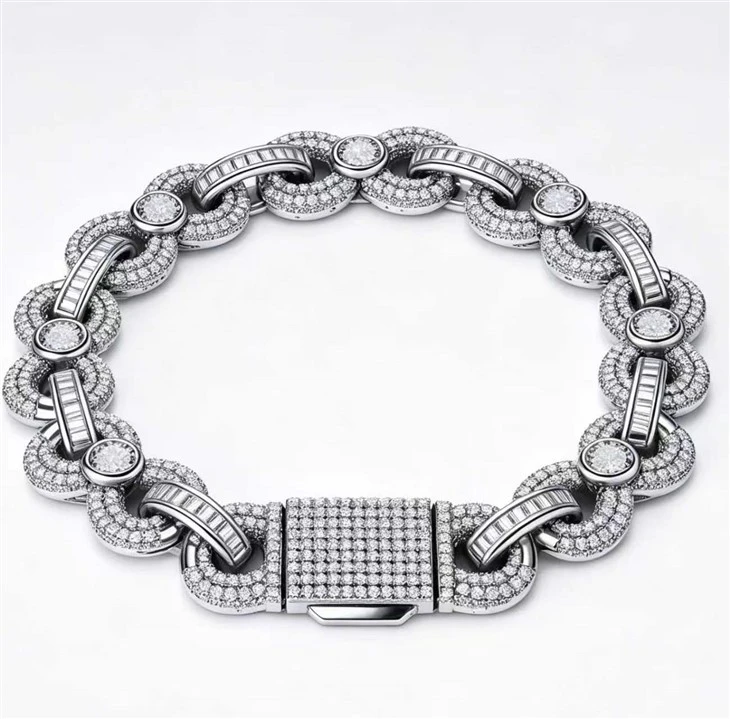 925 Silver Iced Out Round & Baguette CZ Interlocking Link Bracelet factory