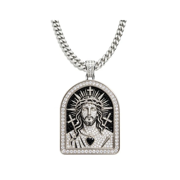 925 Silver Iced Religious Portrait Pendant Set Jesus Christ Hip Hop Jewelry best