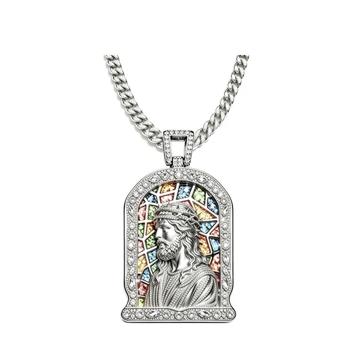925 Silver Iced Religious Portrait Pendant Set Jesus Christ Hip Hop Jewelry suppliers
