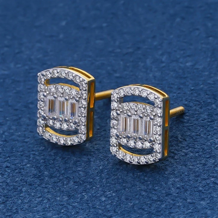 925 Silver Mixed Cut Baguette Round CZ Hollow Curve Square Crystal Dual Tone Gold Frame Double Side Open Window Pavé Zircon Geometric Multi-Stone Shape Layer Luminous Curved Cushion Stud Earrings suppliers