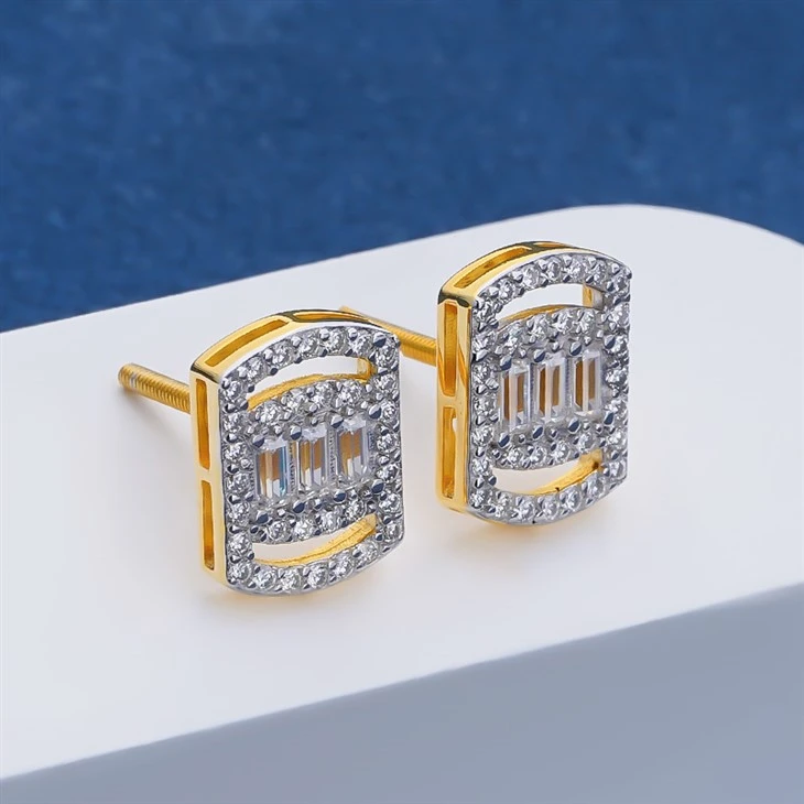 925 Silver Mixed Cut Baguette Round CZ Hollow Curve Square Crystal Dual Tone Gold Frame Double Side Open Window Pavé Zircon Geometric Multi-Stone Shape Layer Luminous Curved Cushion Stud Earrings factory
