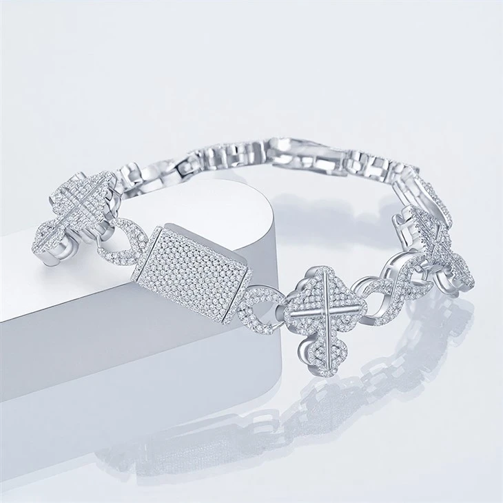 925 Silver Rhodium Plated Cross Link Hip Hop Bracelet Jewelry For Men high quality