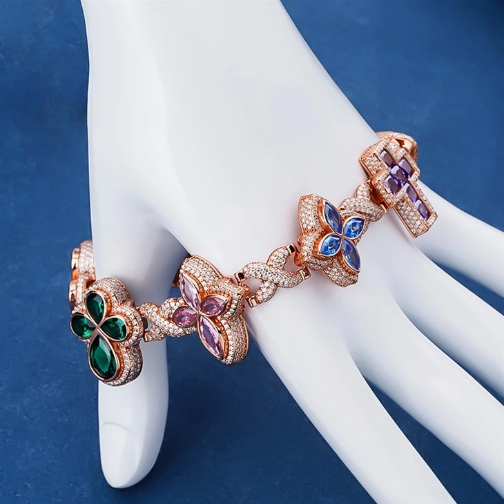 925 Silver Rose Gold Plated Multi-Color Four Leaf Clover Cross Evil Eye Bracelet high quality