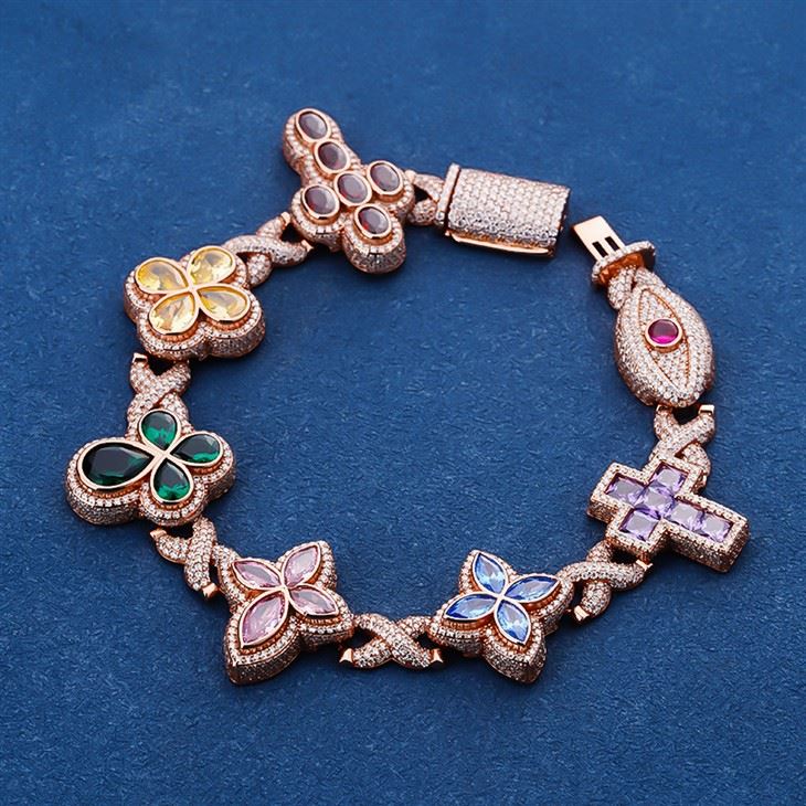 925 Silver Rose Gold Plated Multi-Color Four Leaf Clover Cross Evil Eye Bracelet factory