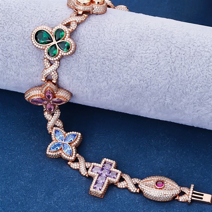 925 Silver Rose Gold Plated Multi-Color Four Leaf Clover Cross Evil Eye Bracelet best