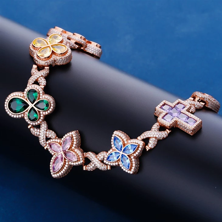 925 Silver Rose Gold Plated Multi-Color Four Leaf Clover Cross Evil Eye Bracelet suppliers