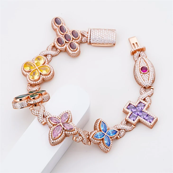 925 Silver Rose Gold Plated Multi-Color Four Leaf Clover Cross Evil Eye Bracelet price