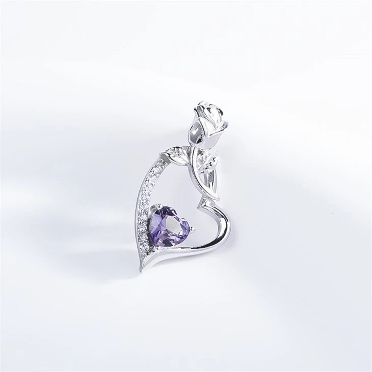 925 Silver Rose-shaped & Purple Heart CZ Pendant Necklace factory