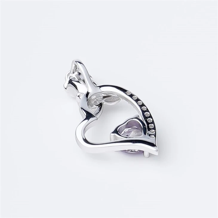 925 Silver Rose-shaped & Purple Heart CZ Pendant Necklace best