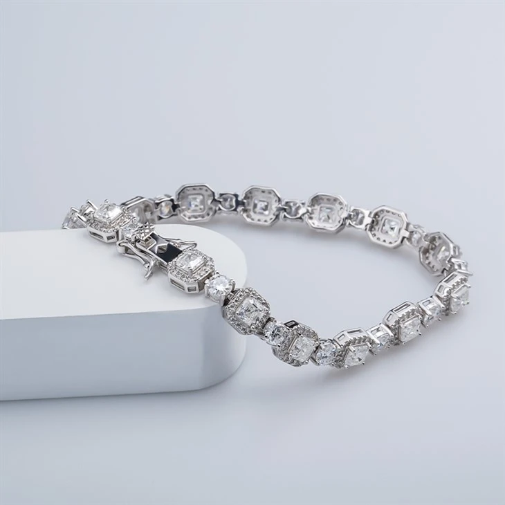 925 Silver Vintage Square Halo Crystal Alternating Round Stone Link Bracelet best