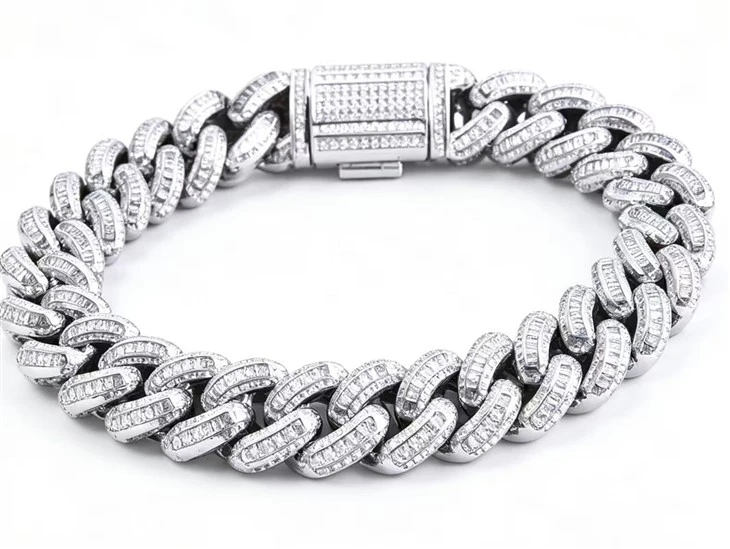 925 Silver Wide Baguette & Round Moissanite Cuban Link Hip Hop Bracelet suppliers