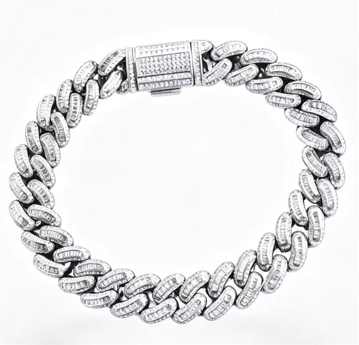 925 Silver Wide Baguette & Round Moissanite Cuban Link Hip Hop Bracelet factory