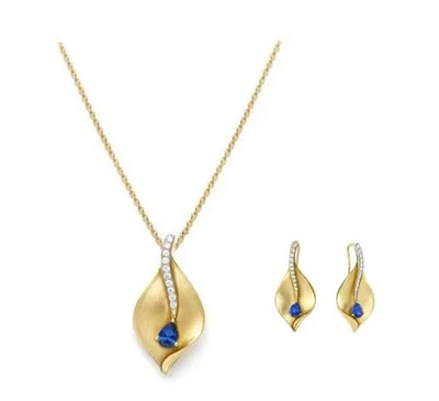 925 Silver Calla Lily Blue Sapphire Jewelry Set Matte Petal Necklace & Earrings