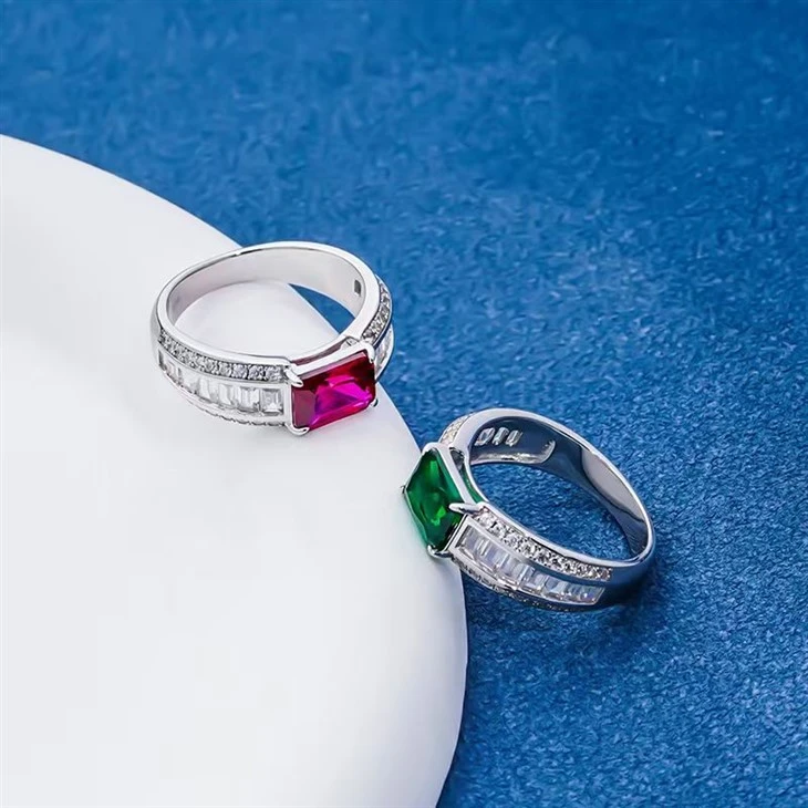 925 Silver Emerald Cut Created Ruby Ring With Baguette & Round Accents