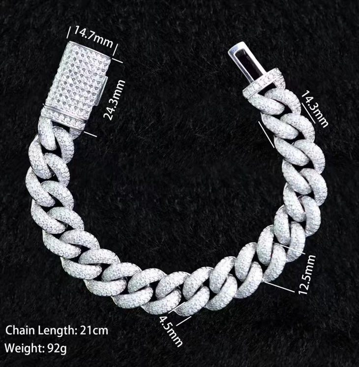 925 Silver 15mm Moissanite Cuban Bracelet Miami Street Style Jewelry