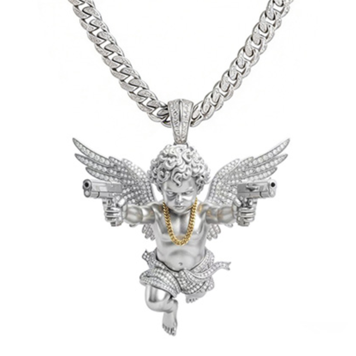 925 Silver Hip Hop Gun Angel Pendant Cuban Necklace