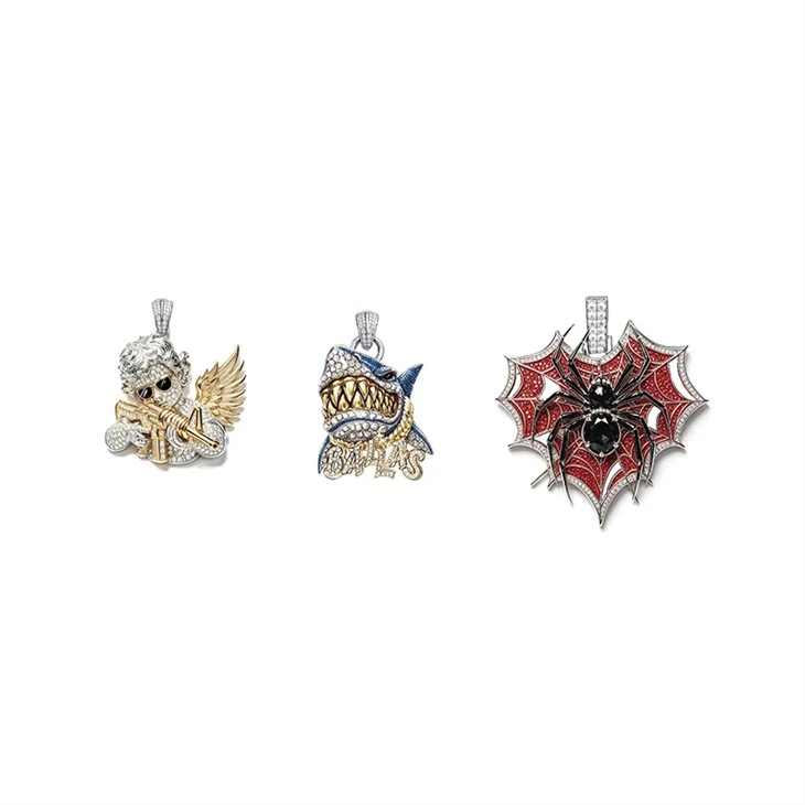 925 Silver Hip Hop Iced Pendant Set Shark Head Red Web Black Spider For Men