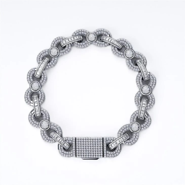 925 Silver Iced Out Round & Baguette CZ Interlocking Link Bracelet