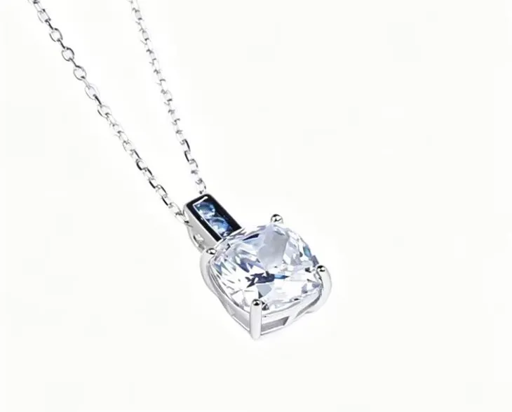 925 Silver Cushion Cut CZ Pendant Necklace Blue Accent Stone Silver Chain