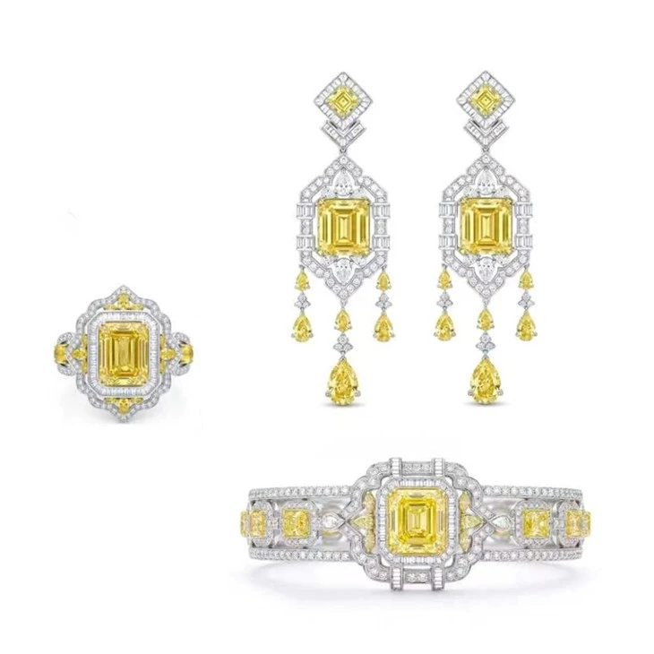 925 Silver Yellow CZ Jewelry Set Drop Earrings Gala Bridal Fine Jewelry Set