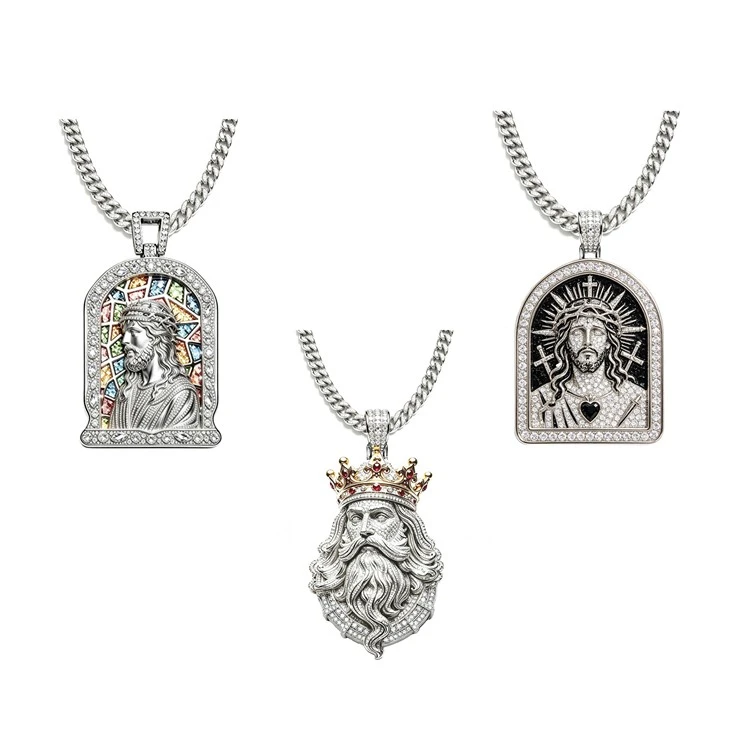 925 Silver Iced Religious Portrait Pendant Set Jesus Christ Hip Hop Jewelry