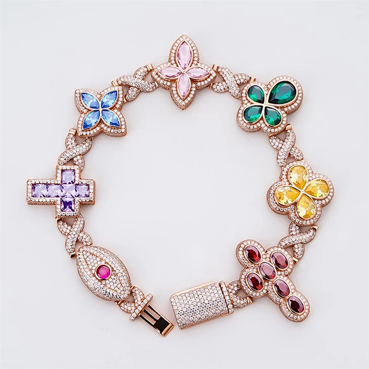 925 Silver Rose Gold Plated Multi-Color Four Leaf Clover Cross Evil Eye Bracelet