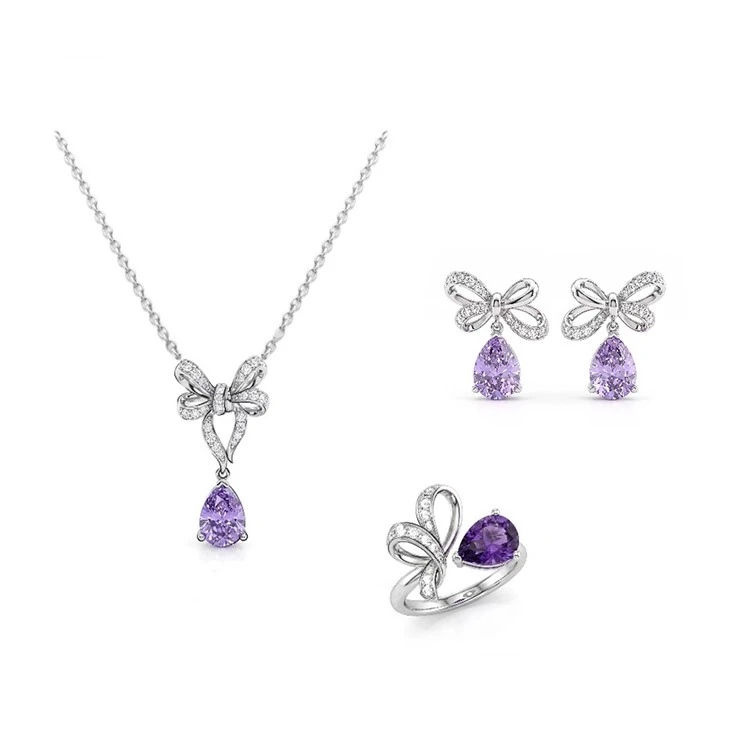 925 Silver Bowknot Purple Teardrop Stone Jewelry Set Bow Set For Women Wedding Party